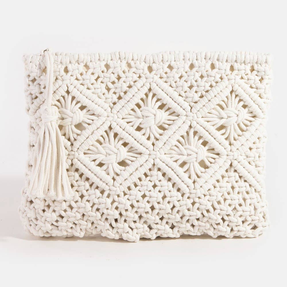 Ivory Crochet Clutch Tassel Bag