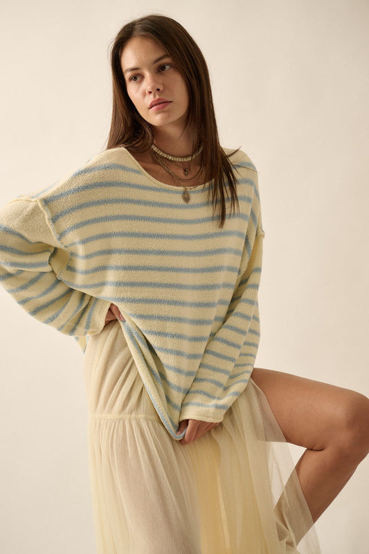 Ivory and Blue Textured Oversized Sweater