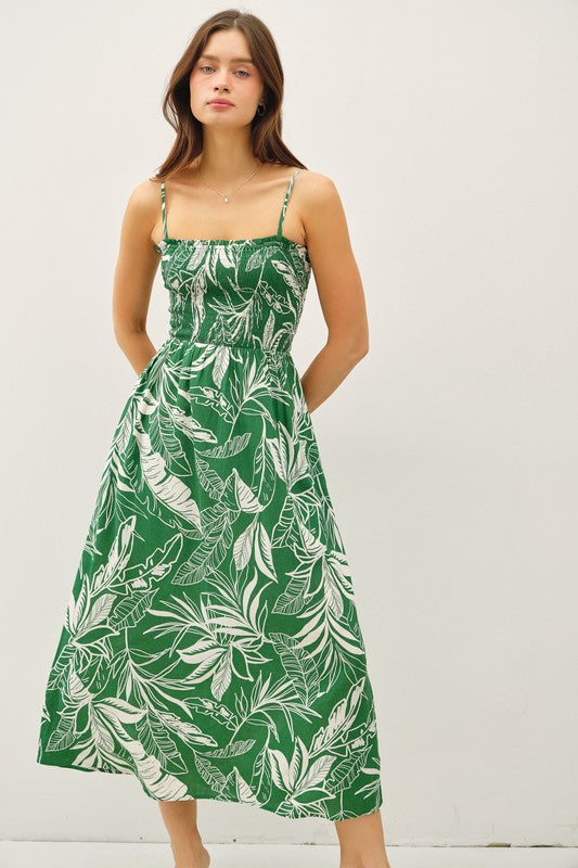 TROPIC SMOCKED MIDI DRESS