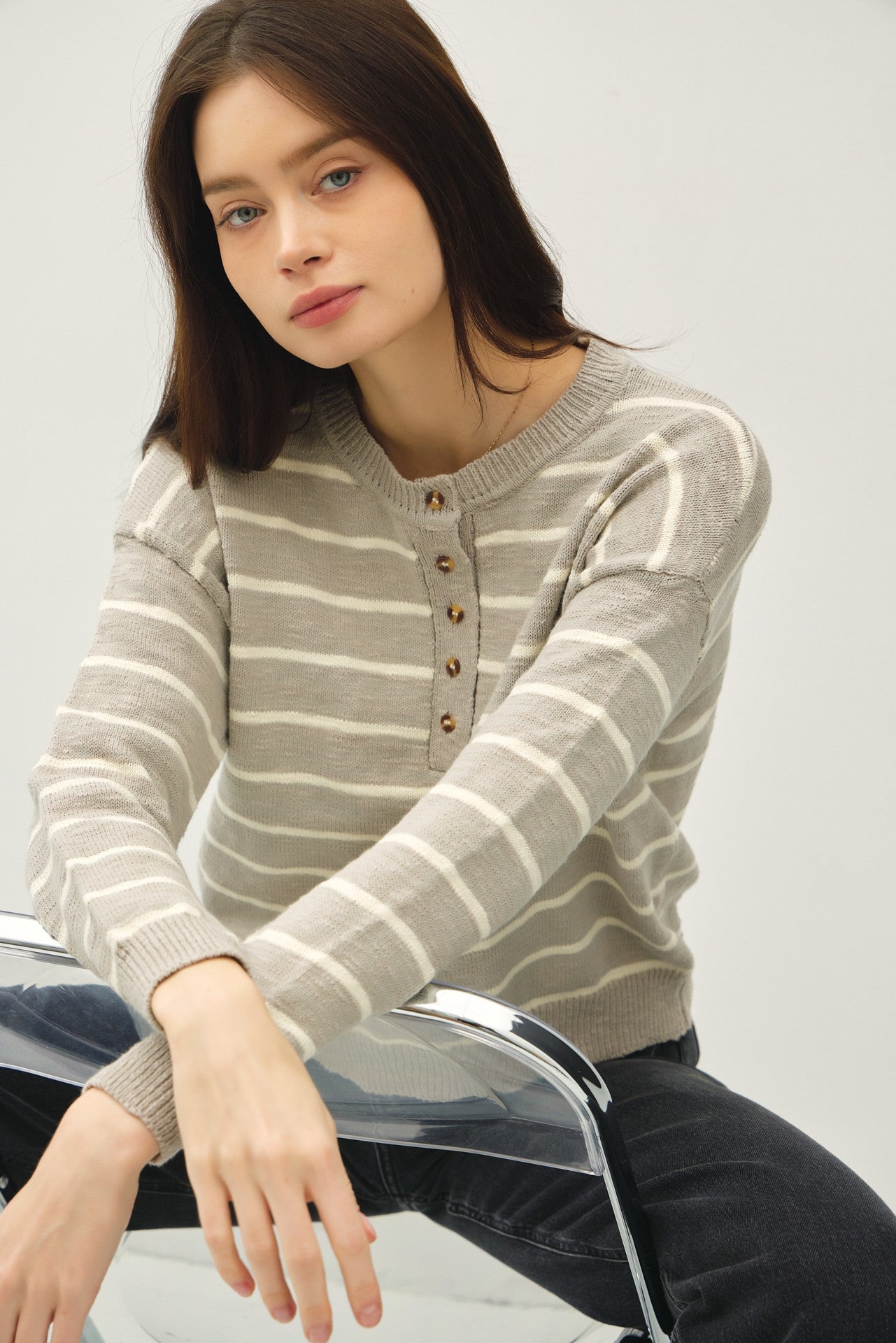 Light Blue Striped Slub Henley Sweater