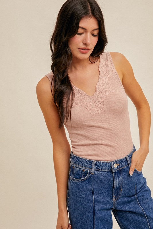 Lace Knit V Neck Tank