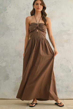 KNOTTED FRONT HALTER NECK DRESS