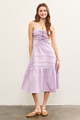 RUCHED TIE FRONT RUFFLE HEM DRESS