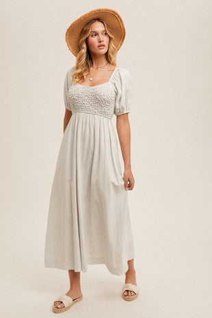 Smocking Bubble Sleeve Midi Dress