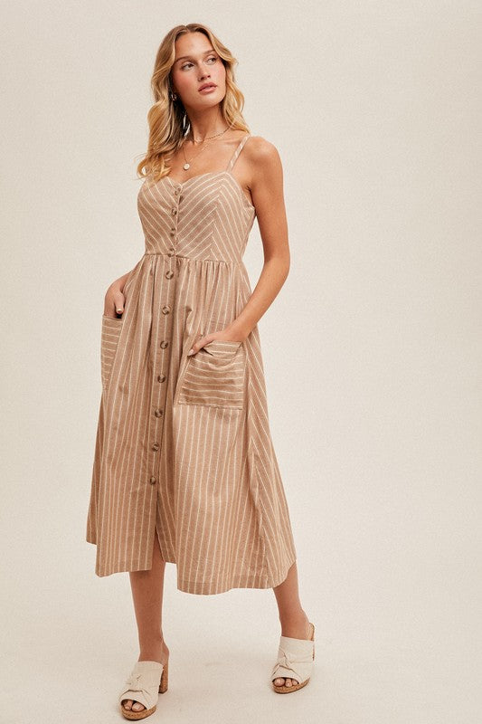 Button Down Striped Linen Midi Dress