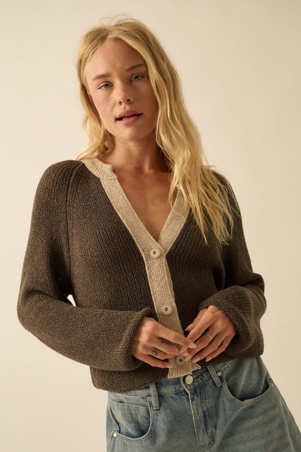 Ribbed Knit Contrast Cardigan Sweater