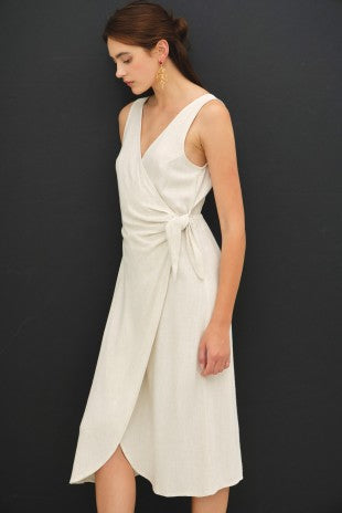 Linen Blend Mock-wrap Midi Dress W/ Tie Detail