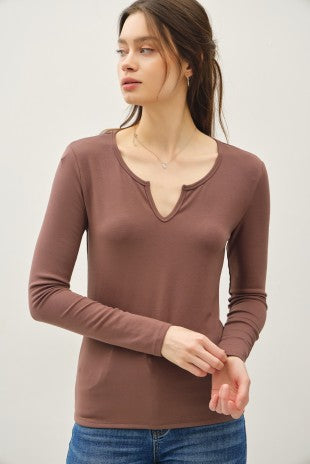 Brown Split Neck Long Sleeve