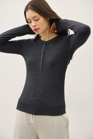 Charcoal Ribbed LS Henley Top