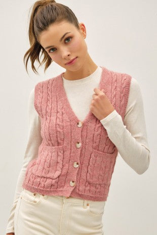 Rose Varsity Cable Knit Sweater Vest