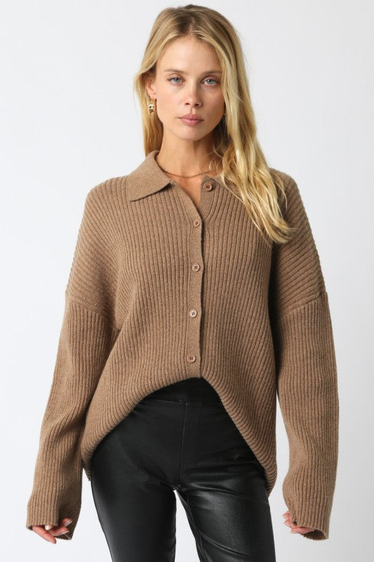 Tan Brown Button Down Collar Sweater