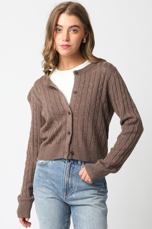 Mocha Cable Knit Cropped Sweater Top