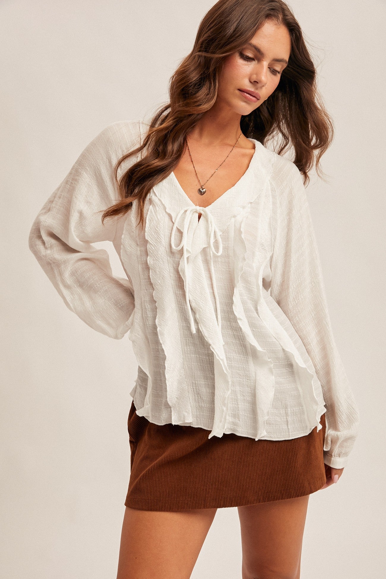White V-neck Ruffle LS Blouse