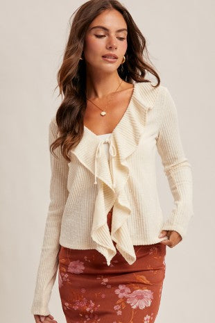 Ivory Ruffle LS Cardigan Top