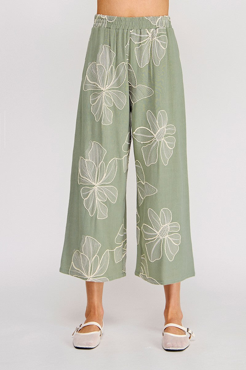 Sage Floral Embroidered Cropped Pant