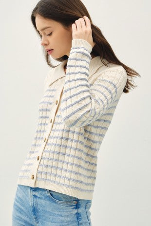Light Blue Striped Button Up Knit Cardigan