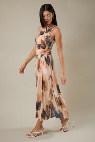 Boat Neck Sleeveless Side Ruched Midi Dress