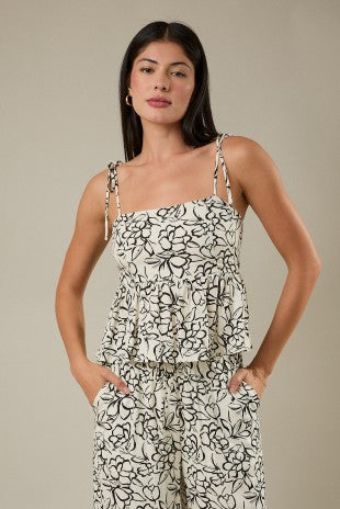 Ivory Black Floral Tie Peplum Top