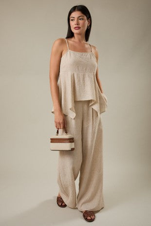 Taupe Pleat Elastic Wide Leg Pants