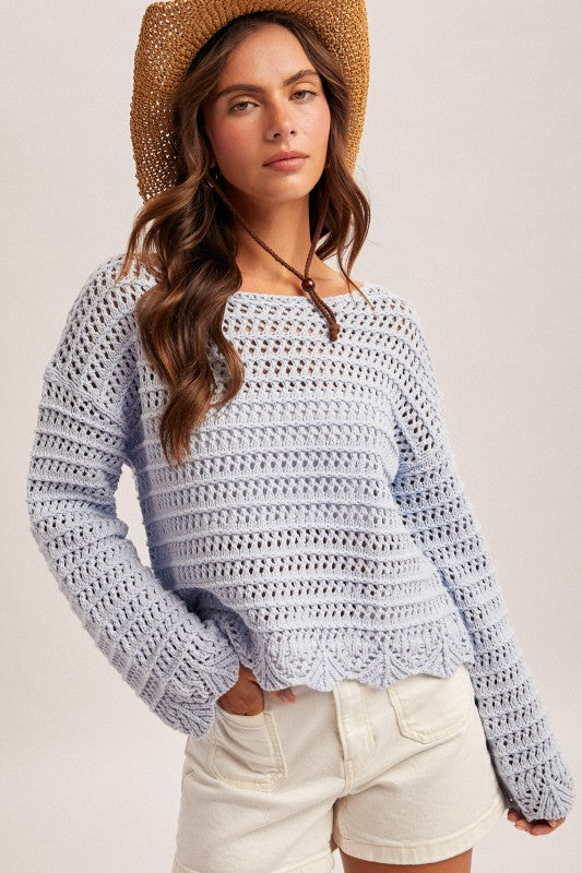 Light Blue Scalloped Knit Sweater