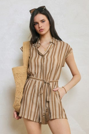 Tan Mixed Button Down Romper