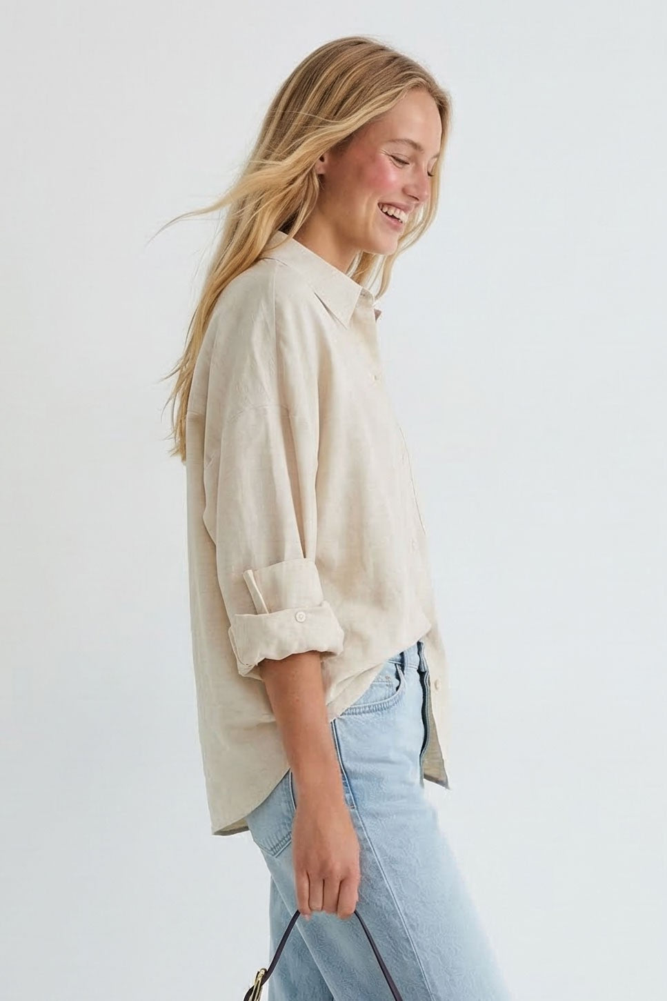 Natural Linen Blend Rolled Sleeve Shirt
