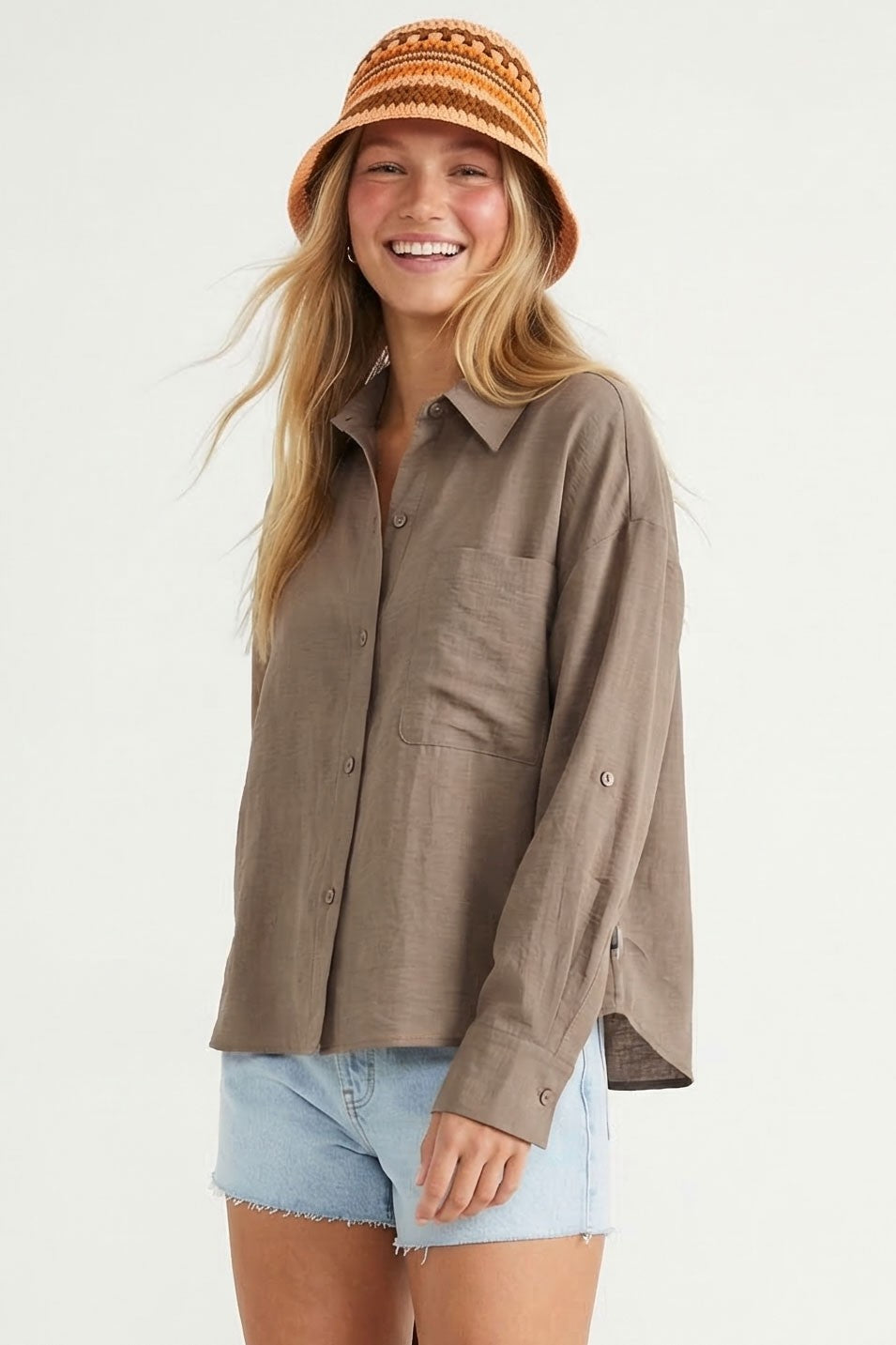 Mocha Linen Blend Rolled Sleeve Shirt