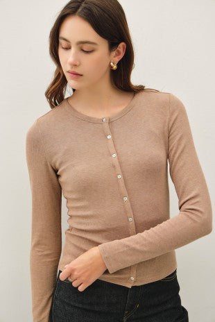 Tan Brown Button Up Modal Ribbed Jersey Top
