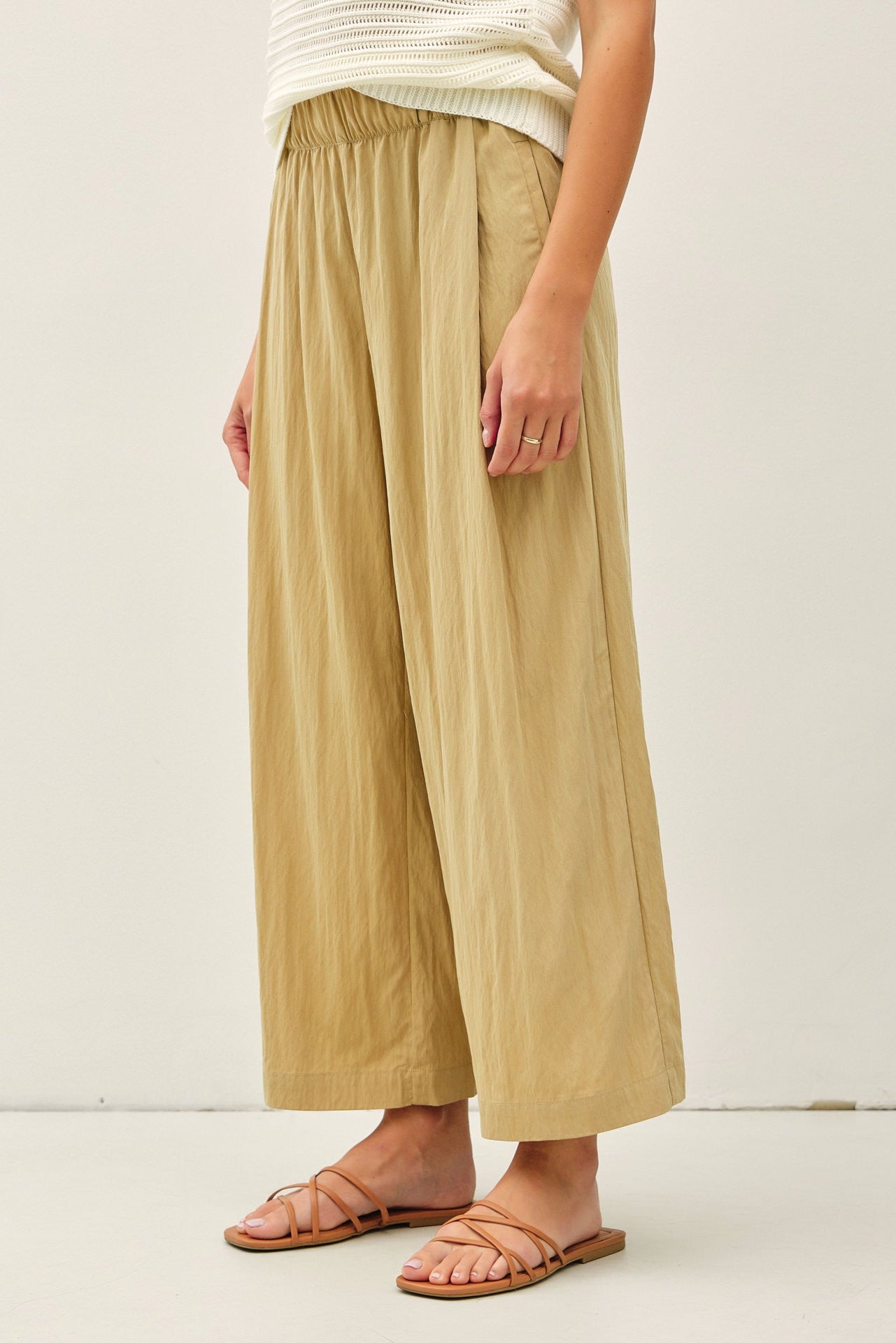 Mustard Crinkled Wide Leg Pull On Pants