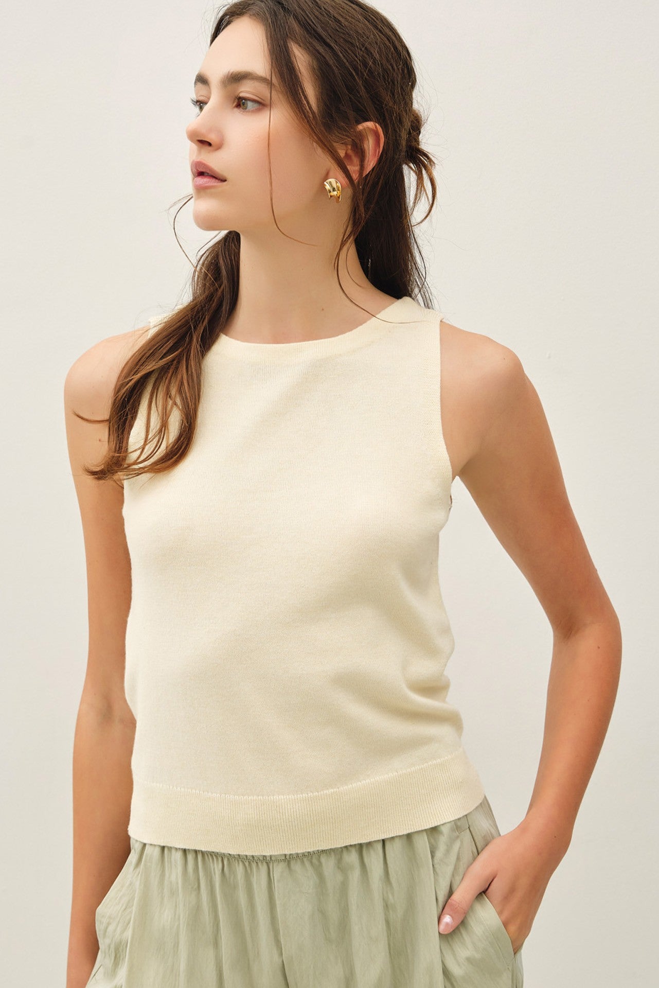 White Wool Blend Boatneck Sweater Tank