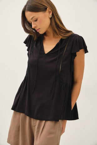 Black Tie Front Ruffle Sleeve Top