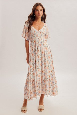 Multi Floral Smocked Flutter Sleeve Maxi Dress