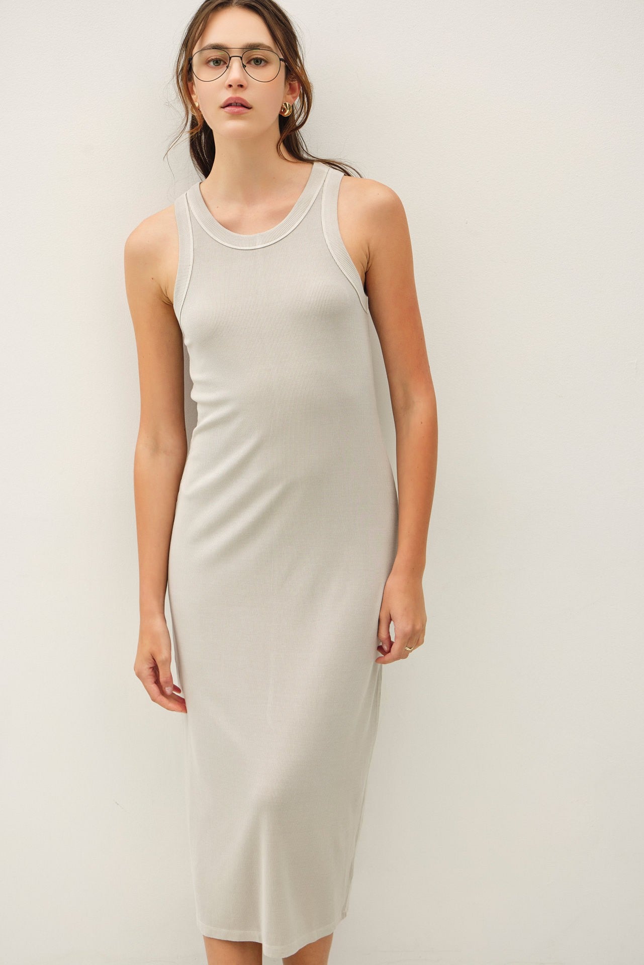 Light Gray Ribbed Racerback Midi Dress