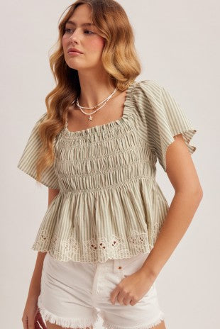 Sage Flutter Sleeve Embroidered Peplum Top
