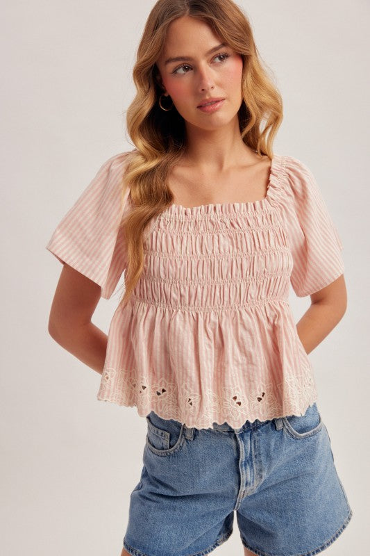Pink Flutter Sleeve Embroidered Peplum Top