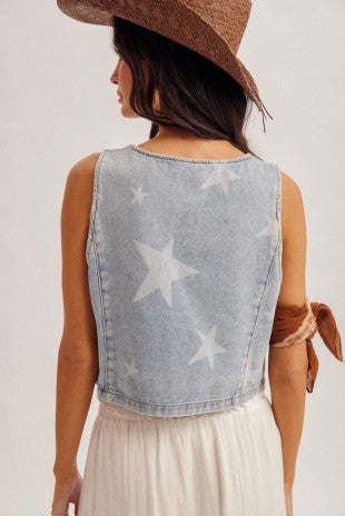 Star Print Buttons Front Denim Vest