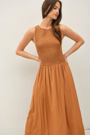 Terracotta Smocked Boatneck Tank Midi Dress