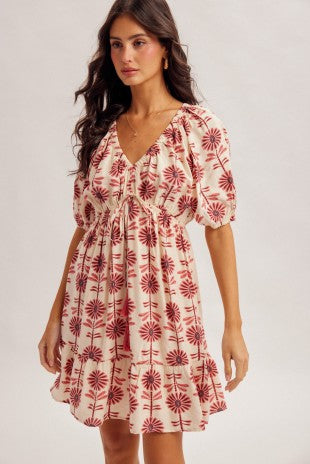 Antique Rose Floral V Neck Mini Dress