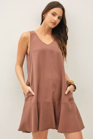 Tan Ruffle Hem Tencel Mini Dress