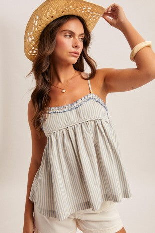 Blue Ruffle Detail Stripe Cami Top