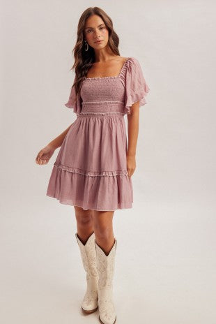 Dusty Purple Flutter Sleeve Mini Dress