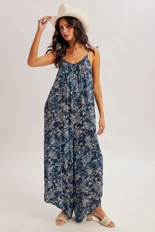 Navy Distressed Bead Jumpsuit