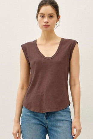 Brown Cap Sleeve Garment Dyed Top