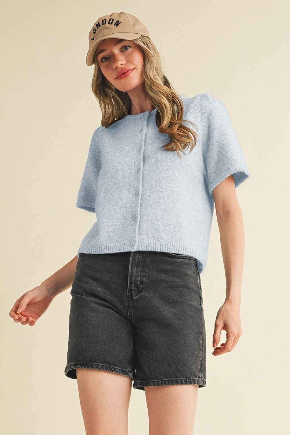Gray Short Puff Sleeve Sweater Cardigan