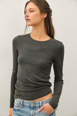 Charcoal Ribbed Crewneck LS Top