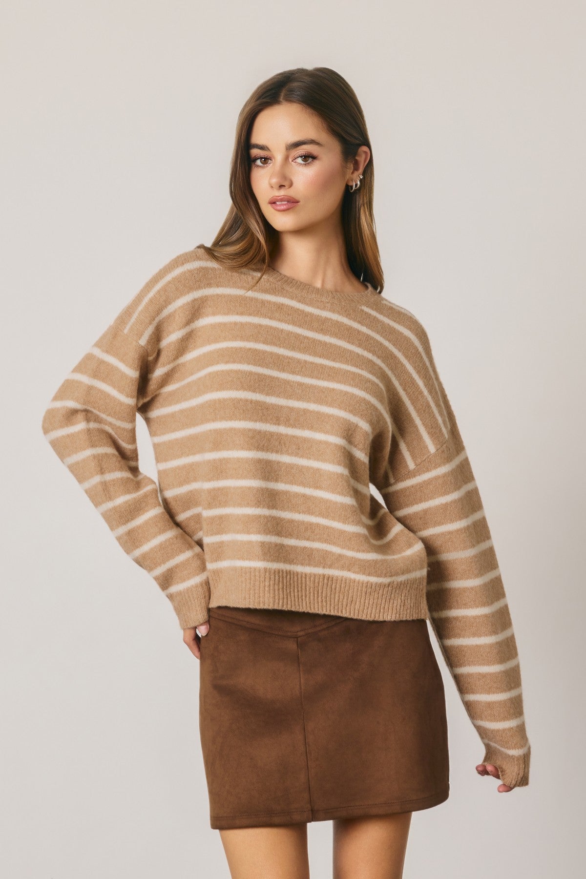 Tan Relaxed Stripe Crew Neck Sweater