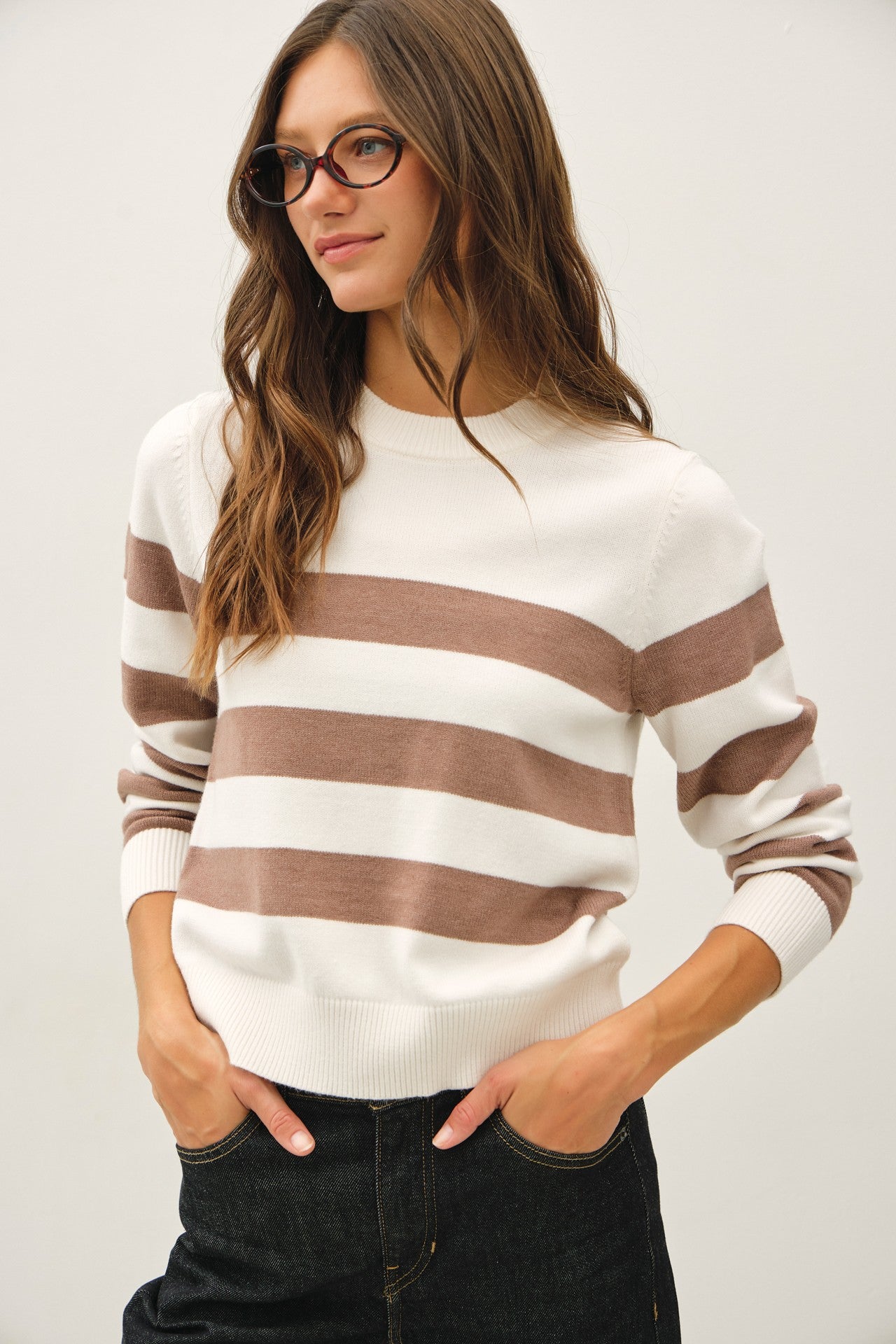 Mocha Cropped Stripe Sweater