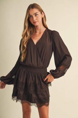 Espresso Shirred Waist Lace Dress
