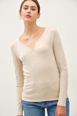 Oatmeal Split Neck Long Sleeve