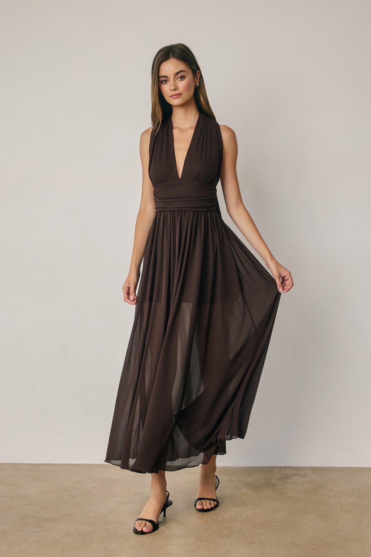 Espresso V Halter Mesh Maxi Dress